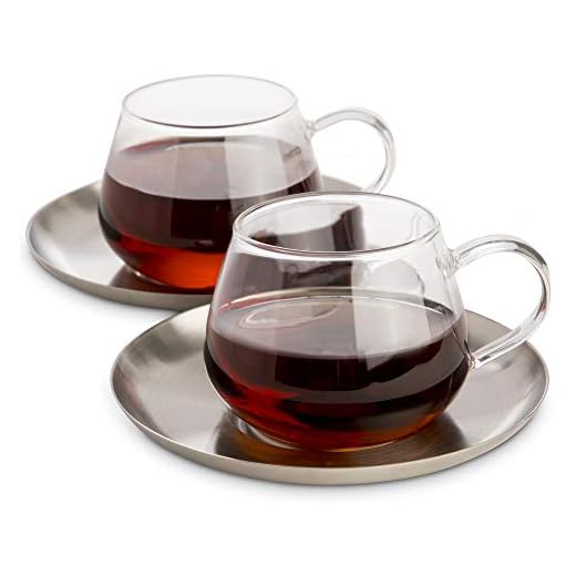 Elfin Glass Tea Cups and Saucers (Stainless Steel) 6.75oz / 200ml Danish Designer Tea Cup Set of 2 - Stylish Clear Glass Tea Cup and Saucer Set or Tea Glasses Set at Tea Time