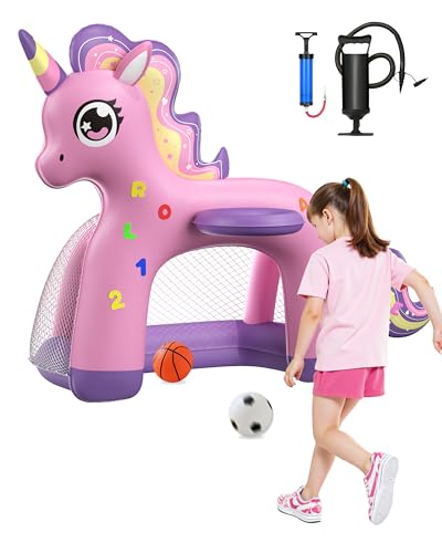 JOSEN Inflatable Toddler Basketball Hoop & Soccer Goal, 2-in-1 Mini Basketball Hoop Indoor Outdoor Sports Center Toys with DIY Stickers, Kids Birthday for Boys Girls 1 2 3 4 5 Year Old