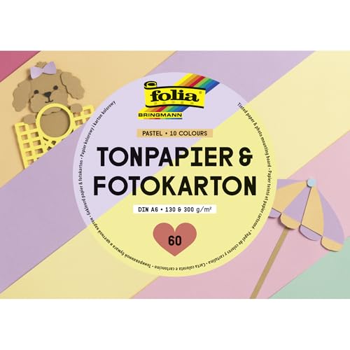 folia 6604 - Tonpapier & Fotokarton PASTEL, DIN A6, Block mit 130 g/m² Tonpapier und 300 g/m² Fotokarton, 60 Blatt in 10 Farben, zum Basteln, Verzieren und Dekorieren