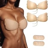 Adhesive Bra Strapless Sticky Bras 2 Pairs,Push Up Sticky Lifting Bra for Women,Invisible Magic Bra for Backless Dress with Nipple Covers (Nude+Nude/E)