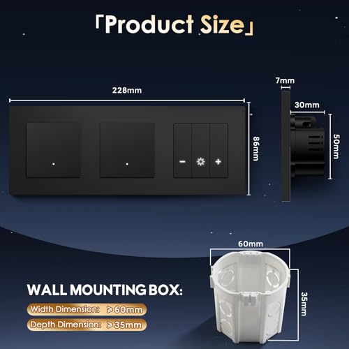 BSEED Doppel Smart Lichtschalter mit WIFI Dimmer Schalter, LED Dimmschalter Unterputz, Kompatibel mit Alexa&Google Home, PC Rahmen,Smarte Zeitpl&auml;ne,1 Fach 1 Weg,Schwarz(Neutralleiter Erforderlich)