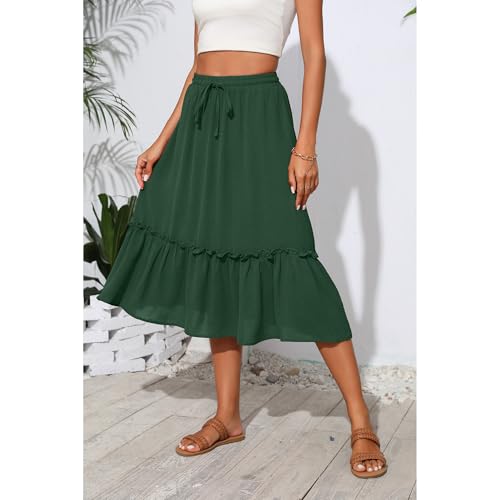 Image of Witsmile Summer Skirts for Women Bohemia Womens Midi Skirt High Waist Pleated Tiered Cover-up(Dark Green,2XL)