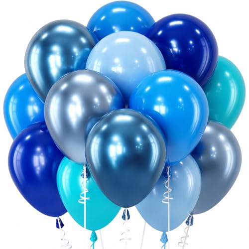 Image of Blue Balloon Set, 12 Inch Metallic Chrome Light Royal Baby Dark Sky Matte Powder Shades of Blue Teal Latex Balloons for Men Boy Birthday Father's Day Bridal Shower Wedding Ocean Party Decorations