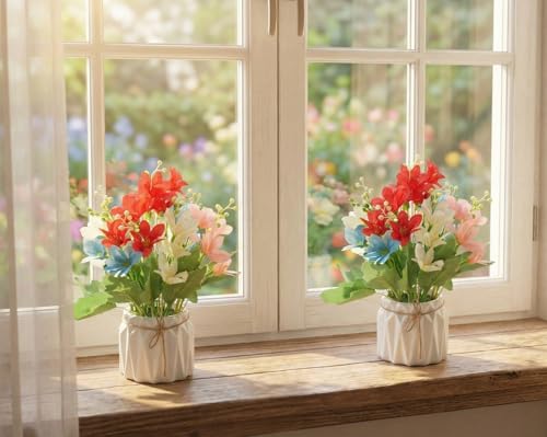 Image of Dekorly Artificial Lavender Plant in White Pot, 18cm - Realistic Faux Flower Arrangement for Home & Office Decor (Set of 1) (2, Mini Lily)