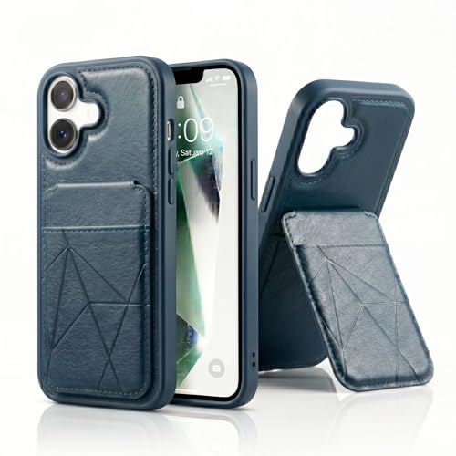 Image of amazon basics Premium Vegan Leather Back Cover with Card Holder and Integrated Mobile Stand for iPhone 17 - Slim Shockproof Wallet Case with Geometric Stitching [Blue]