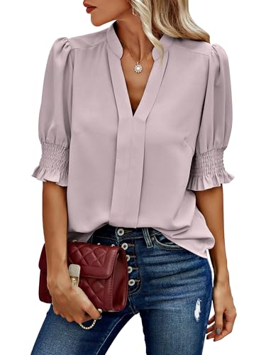Theenkoln Bluse Damen Elegant V-Ausschnitt Oberteile Kurzarm Tunika...