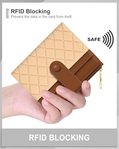 Womens Wallet, RFID Small Slim Wallets for Women, Compact Credit Card Holder, Cute Leather Bifold Ladies Purse with Zipper Coin Pocket and ID Window, Apricot Brown4