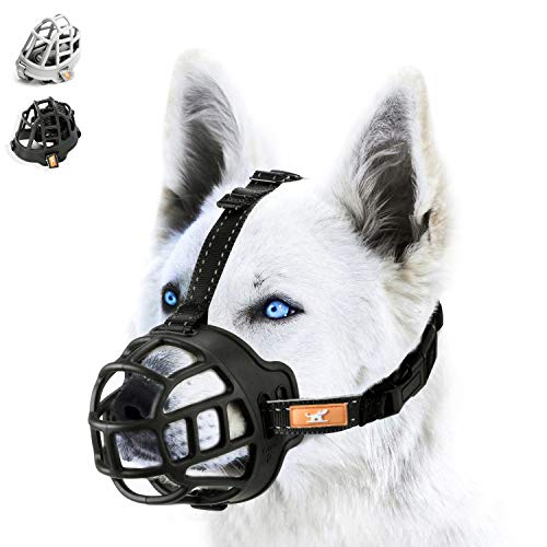 wintchuk Soft Silicone Basket Dog Muzzle Mouth Cover with Nylon and Reflective Neck Straps for Small, Medium and Large Dogs, Anti Barking, Biting, Chewing Licking, Adjustable(2, Black)