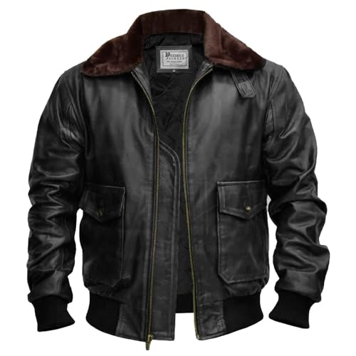 Mens G-1 Fur Collar US Navy Flight Distressed Brown Aviator Genuine Leather Jacket Flight Pilot Aviator USAAF A2 Jacket (l, G1 Black Leather Jacket)