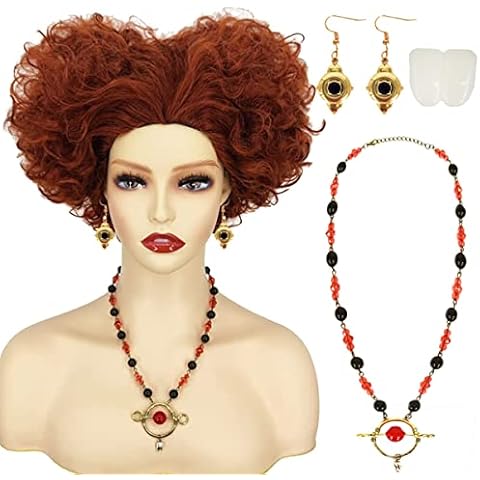 Mildiso Winifred Sanderson Wig Costume Women with Earrings + Teeth + Necklace Short Curly Wavy Hair Wig with Wig Caps Cute Colored Synthetic Wig for Party Halloween M112BR Cover