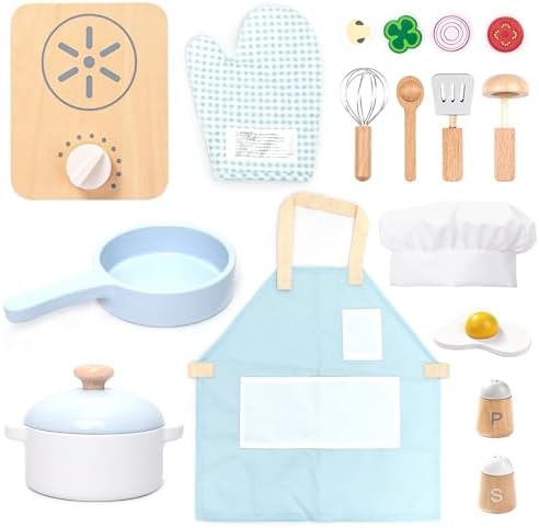 UMU Cuisine Enfant Bois 18 Pièces | Accessoires Réalistes Avec Vaisselle & Tablier | Jeu Rôle Fille Garçon 3+