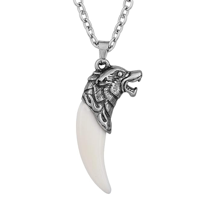 Wolf Fang Pendant Necklace with Silver Chain & Leather Lanyard | White Wolf Fang Necklace Werewolf Unisex Teen's | Stylish Cord Pendant with Tiger Head Jewellery-image-41