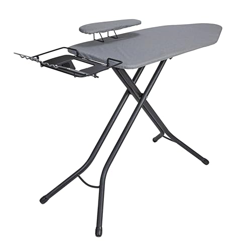 Household Essentials Wide Mega Ironing Board 4-Leg, Steel Top Pressing Station, Matte Black Frame, Grey Cover