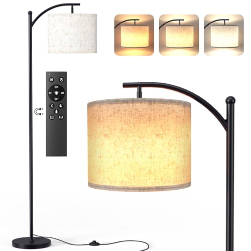 Lampara de Pie Salon LED Regulable, 160cm Lámpara de Pie con Pantalla de Lino, 3 Temperaturas de Color, Control Remoto e Interruptor de Pie Para Dormitorio y Oficina (bombilla de 12 W incluida)