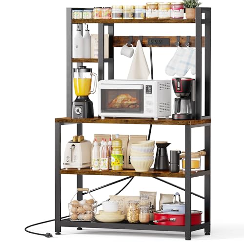 EasyCom 31.5 Inch Bakers Rack with 3 AC Power Outlets, Microwave Stand with Breathable Mesh for Vegetables, Coffee cart with 4 Z-Shaped Hooks, Kitchen Stand, Coffee Bar, Rustic Brown