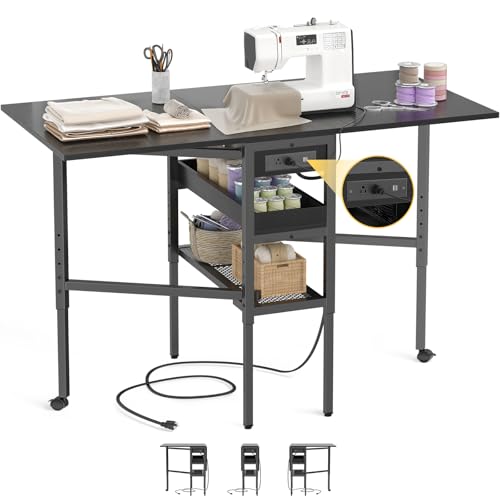 Besiost Folding Sewing Cutting Table with Charging Station, Height Adjustable Craft Table with Storage, 50