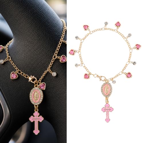 Pink Cross Tassel Car Charm, Rear View Mirror Pendant for Women Decor