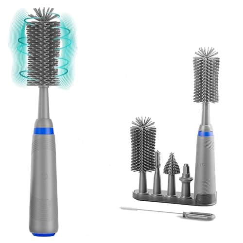 Image of Electric Baby Bottle Cleaner with Drying Rack, Silicone Bottle Brush Set, Easy-Grip Handle, Rechargeable/Waterproof Spinning Brush, Grey