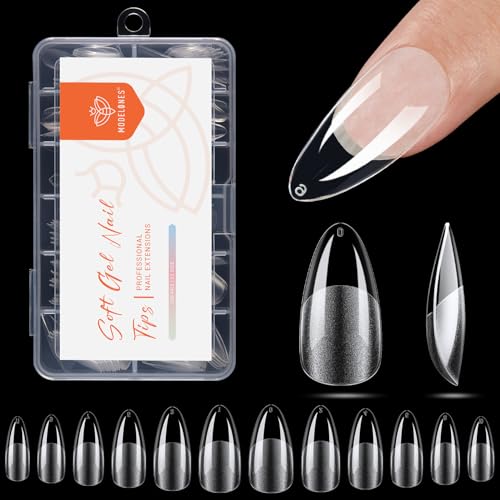 Image of Modelones Pointed Almond Nail Tips Medium Pre-shaped Soft Gel Fake Nails | Acrylic Clear Full Cover Press on Extension Kit Gel Manicure DIY at Home 216PCS 12Sizes