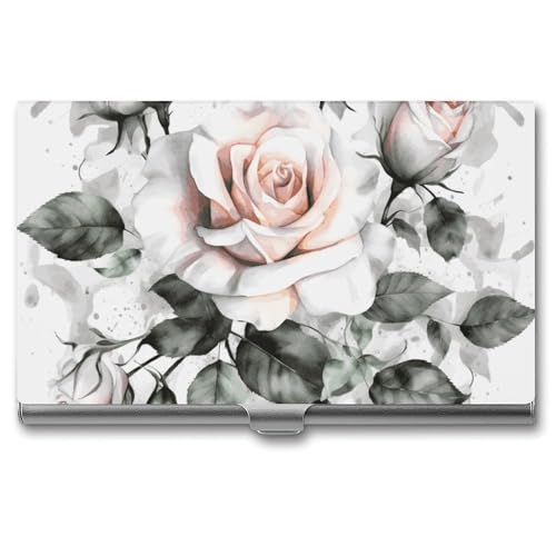 Slim Business Card Case for Men & Women, Pocket Metal Case, White Watercolor Floral Rose Professional Aluminum Alloy Business Card Holders, Stylish Purse Name Cards Holder, Buckle Style Shut