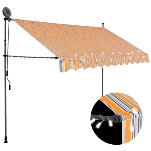 Seeye Manual Retractable Awning with Cozy LED Lights, Stylish Yellow and Blue, Adjustable Projection for Outdoor Comfort