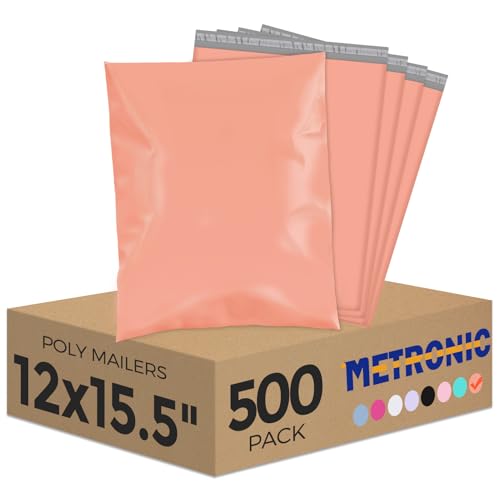 Image of Metronic Poly Mailers 12X15.5 500Pack, Strong Adhesive Shipping Envelopes for Clothing, Waterproof Shipping Bags for Small Businesses, Flexible Mailers Poly Bags, Packages Bags Peach Pink