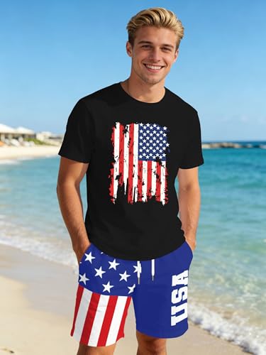 Image of Ithalt Patriotic Shirts for Men 4th of July Outfit 2 Piece Set Short Sleeve and Shorts American Flag 250th Anniversary