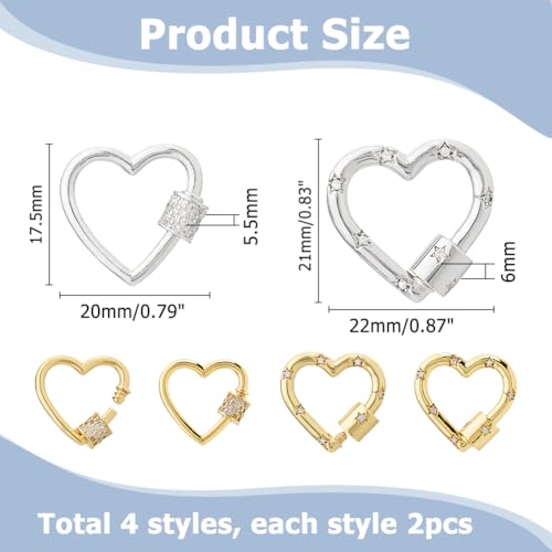 Hobbspring 8Pcs Brass Screw Carabiner Lock Charms 2 Colors Heart Lock Clasps Micro Pave Cubic Zirconia Carabiner Lock for Keychain Clip Hook Necklace Jewelry Making - Image 2