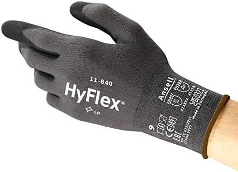 Ansell HyFlex 11-840 Professional Work Gloves, Abrasion Resistant Nitrile Coating with Firm Grip, Multipurpose Protection Gloves, Mechanical and Industrial Safety, Black, Size M (3 Pairs)