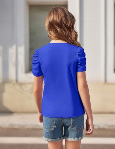 Image of Arshiner Girls Puff Short Sleeve Shirts Summer Ribbed Knit Crewneck T Shirt Tops Tee Blouse