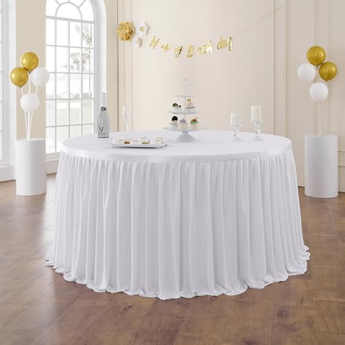 518cm White Polyester Table Skirts for Rectangle Tables, Wrinkle Free Ruffle Pleats Cloth Tutu Table Skirt 17ft for Banquet Wedding Birthday Baby Shower Trade Meeting Cake Dessert Tables(No Top Cover)