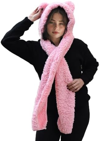 Kadın Kulaklı Atkılı Şapka, Kışlık Sıcak Tutan, Sevimli Tasarım, Şık Kış Aksesuarı (açık pembe, 50) - Görsel 1