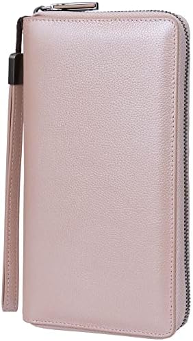 Bveyzi Women RFID Blocking Wallet Leather Zip Around Phone Clutch Large Capacity Ladies Travel Purse Wristlet (Rose Gold)
