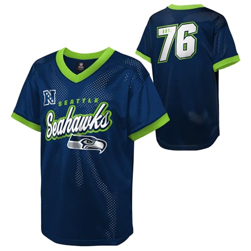 NFL Kids Youth Boys 8-20 Officially Licensed Division Established Team Color Mesh V-Neck Wordmark Primary Logo Jersey - Seattle Seahawks - Navy - X-Large 18/20