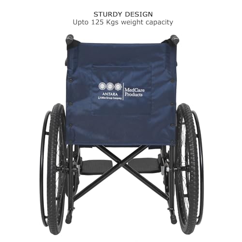 Image of Antara AGEasy (Max Group) Foldable Wheelchair for Old people, Adults & Patients | Sturdy Frame, Lightweight, Wide Seat, Spoke Wheels, Adjustable Footrest and Seatbelt for Safety (WheelAssist - Blue)