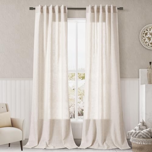 Image of Beige Linen Curtains 96 Inches Long 2 Panels Back Tab Sheer Linen Curtain Modern Farmhouse Coastal Decor Cotton Textured Gauze Curtains 96 Inch Length for Patio Sliding Door Office Bedroom 36x96