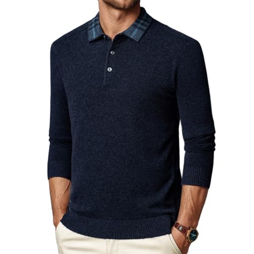 Mens 100% Wool Knit Polos Long Sleeve Keep Warm SweaterGolf Sweaters