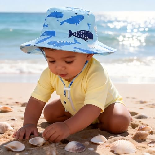 Baby Sun Hat UPF 50+ Sun Protective Toddler Bucket Hat Summer Kids Beach Hats Wide Brim Outdoor Play Hat for Boys Girls Blue Whale 12-24 Months - Thumbnail 2