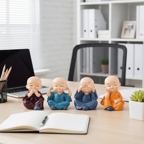 Image of Set of 4 Buddha Monks Cute Miniature Statues Figurines Showpiece for Car Dashboard Wall Shelf Table Desktop | Living Room Decoration Home Office Decor (Multicolor)