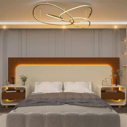 Cabeceira com LED e Mesa de Cabeceira 140/160/195 Innova Castanho Off White - Gelius