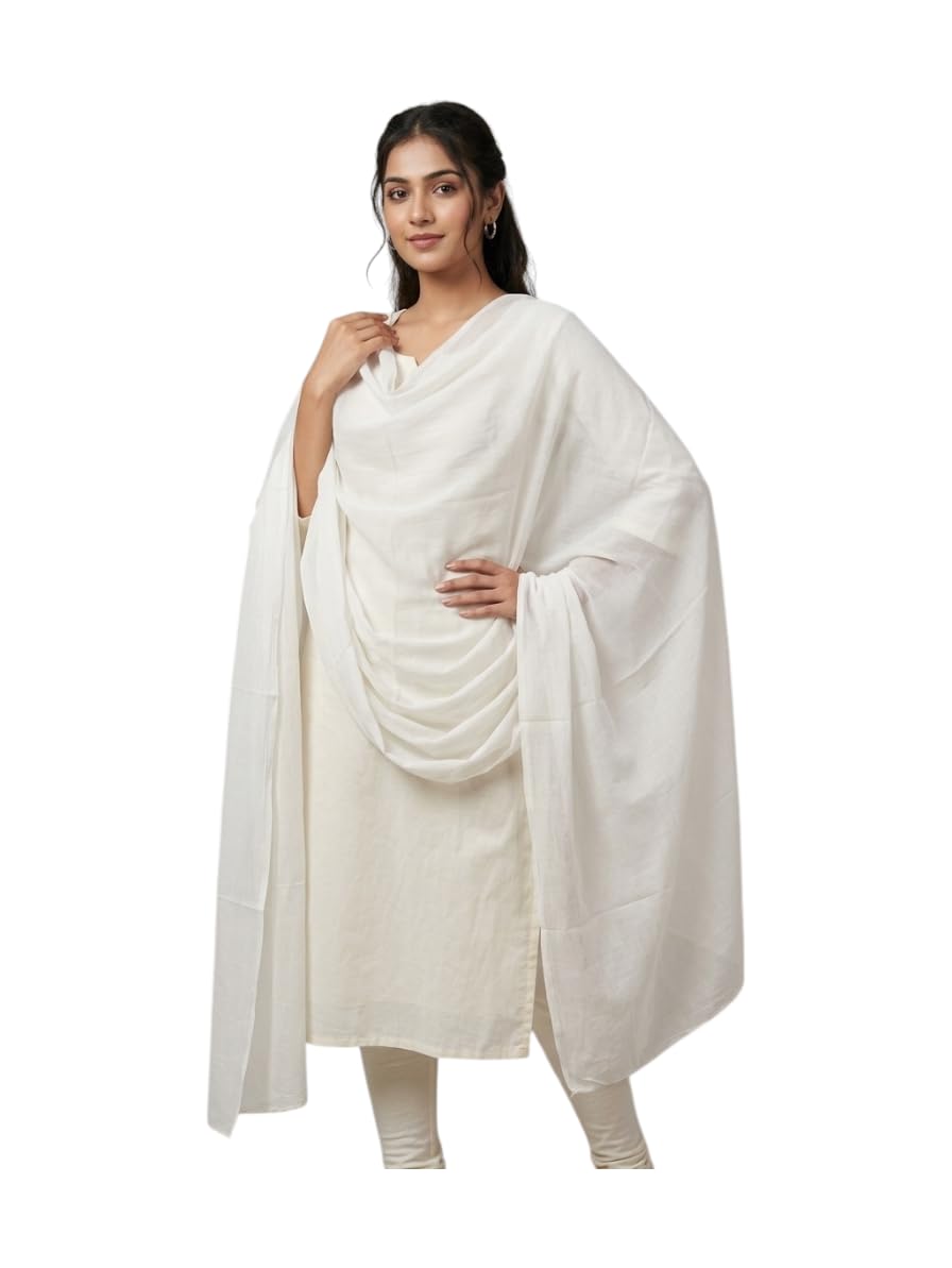 White Muslin Dupatta with Golden Patti Border, 2.5m, Handcrafted, Dyeable, for Festive and Daily Wear-picture-37