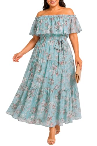 Image of Plus Size Chiffon Off The Shoulder Maxi Long Floral Summer Casual Beach Boho Sundress Women 2024