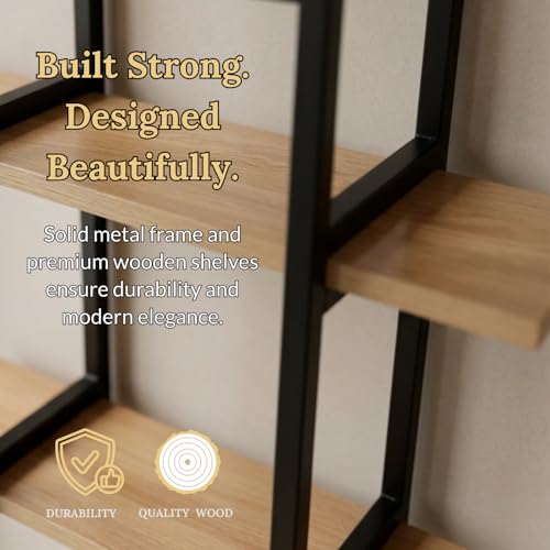 Image of Mighty Home Floating Wall Shelf with Black Metal Frame - Wooden Wall-Mounted Shelves for Books, Plants & Decor | DIY Organizer for Home & Office (Beige, 3-Tier)