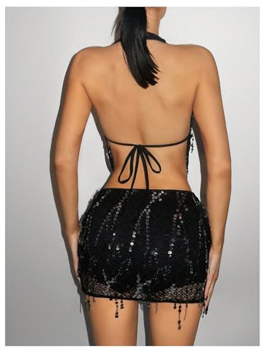 SOLY HUX Women's 2 Piece Party Club Outfit Sequin Tie Backless Sheer Halter Crop Top and Mini Skirt Set2