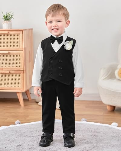 Image of YALLET Toddler Baby Boy Clothes Suit Gentleman Wedding Outfits, Formal Dress Shirt+Bowtie+Vest+Boutonniere+Suspender Pants