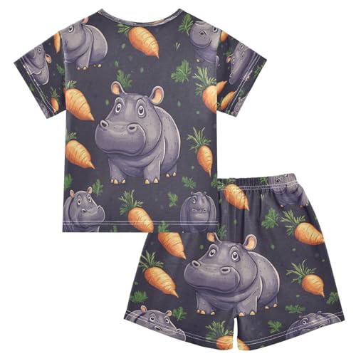 Pajama Sets Short Sleeve Hippo Carrot Pattern Soft Cotton Summer Sleepwear 2 Piece PJS Size 5-14T2