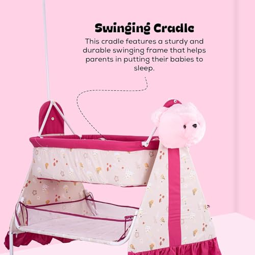 Image of BAYBEE CozyNest Baby Cradle and Swing Jhula for Newborn Babies with Removable Mosquito Net, Washable Fabric, Lockable Wheels & Safe Sleeping Bed Crib for Infants Up to 2 Years (Pink)