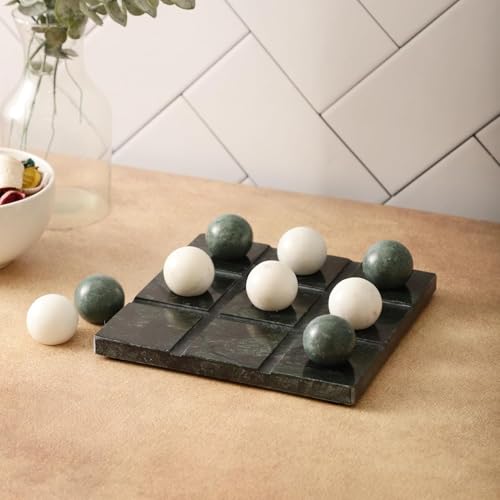NikkisPride Marble Tic Tac Toe Game Board Set – Medium White Handmade X and O Decorative Strategy Game for Home or Office