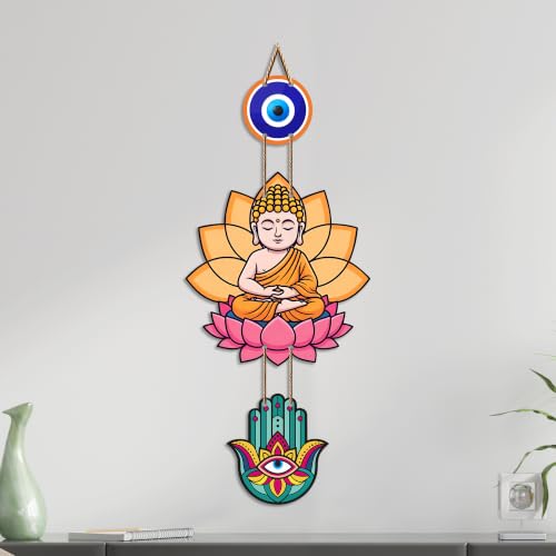 Image of Artvibes Buddha Lotus Wall Hanging with Evil Eye and Hamsa Hand | Spiritual Meditation Decor for Positive Energy & Mindfulness | Decorative Hanging for Living Room | Yoga Room and Entrance (WH 8593N)