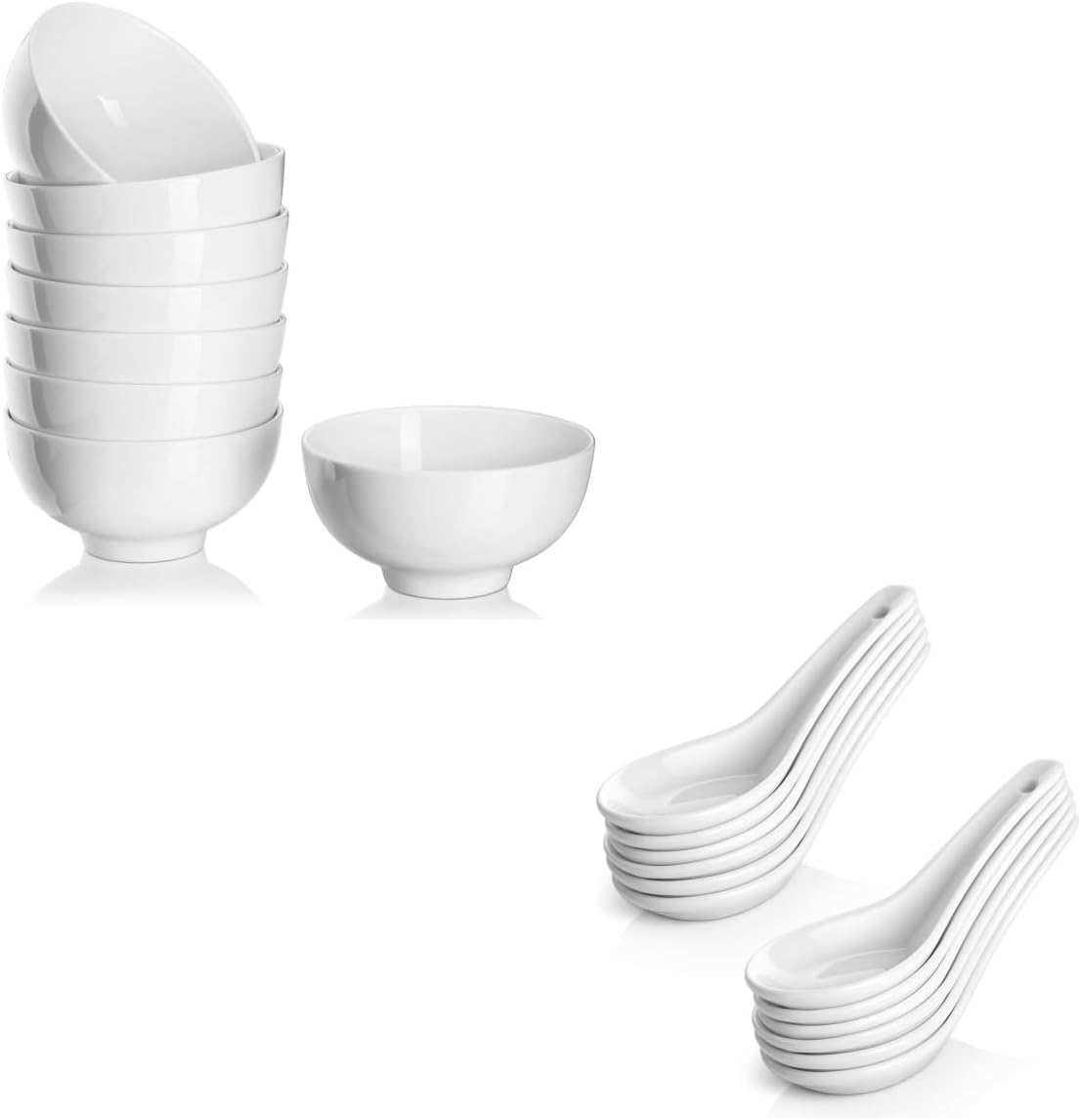 DOWAN Ceramic Small White Bowls and Soup Spoon Set, Microwave & Dishwasher Safe